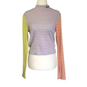 Teddy Fresh Womens Mock Neck Multicolor Striped Ribbed Top Large